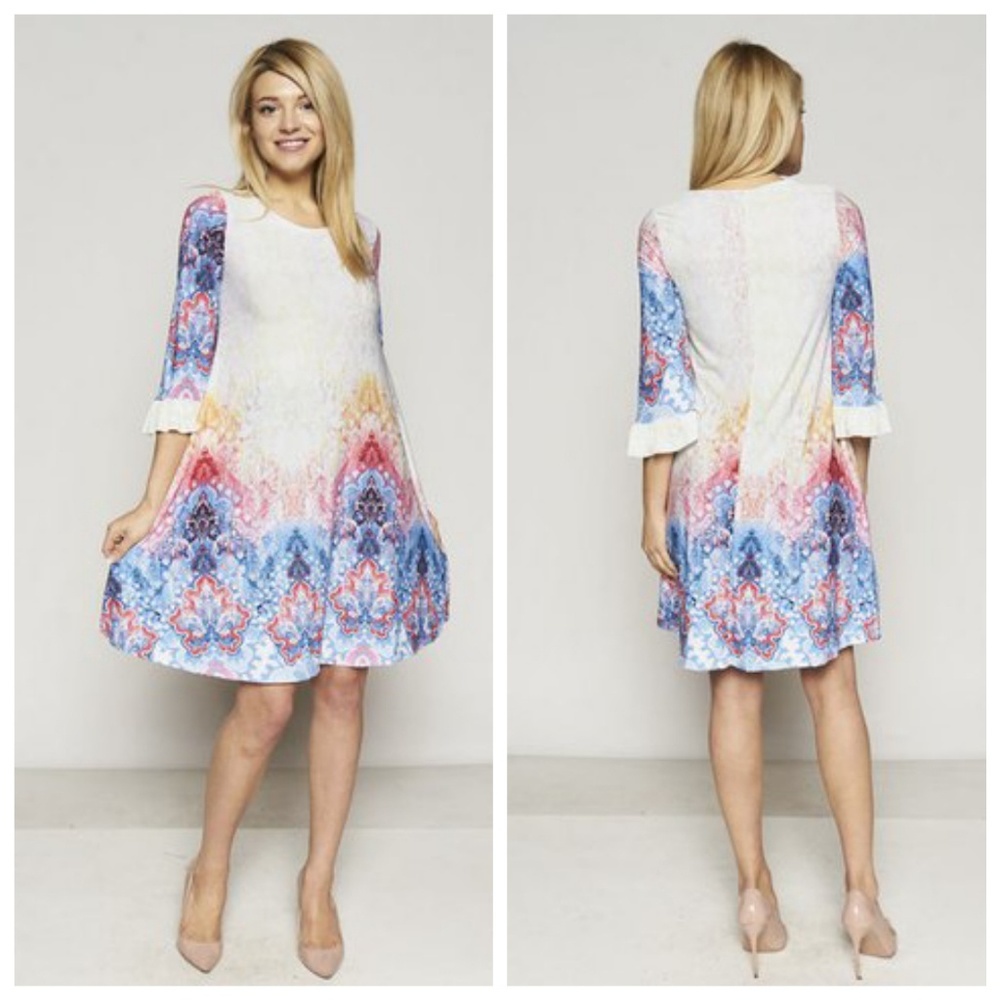 3/4 Sleeve Retro Print Dress